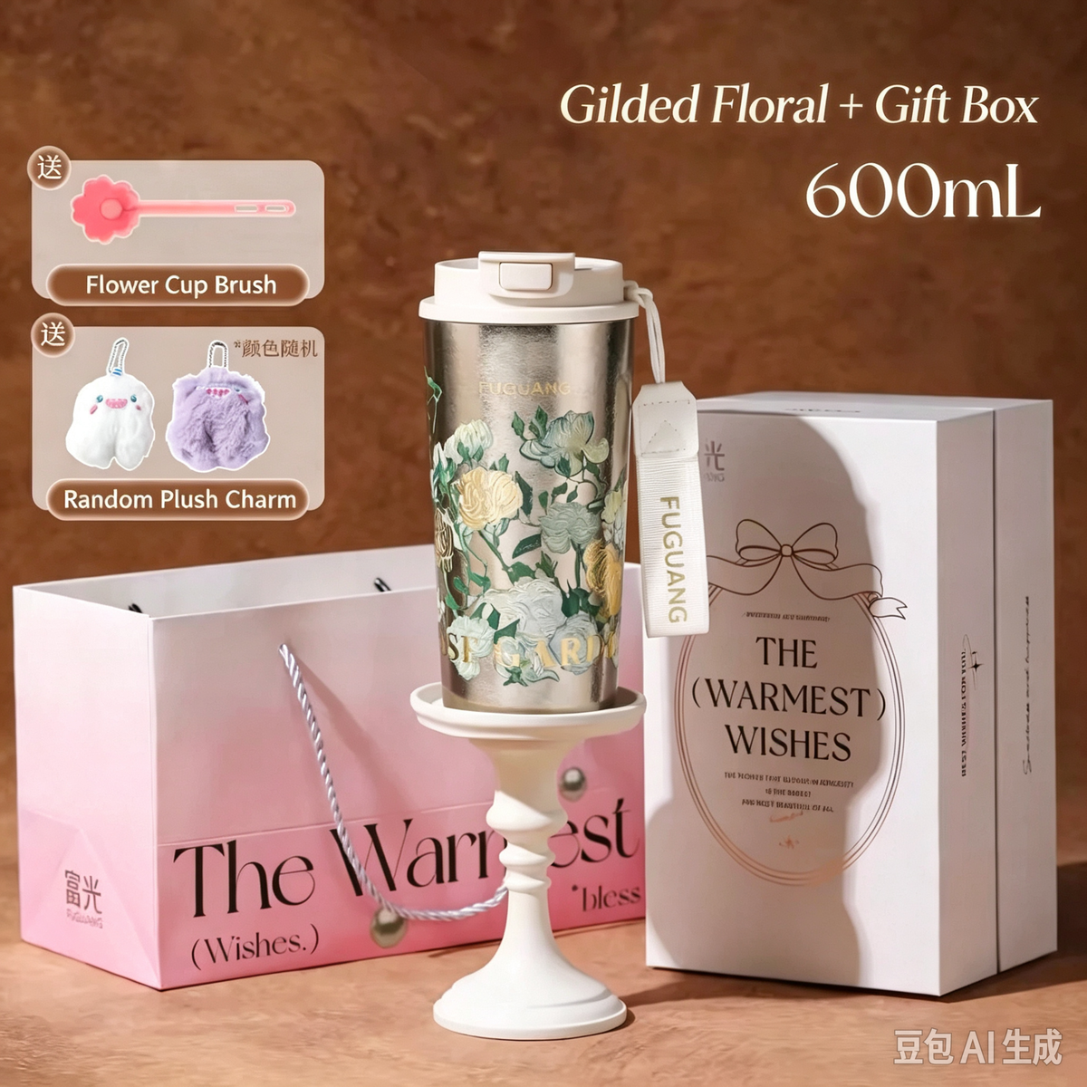 600ML Gilded Floral Insulated Coffee Tumbler Gift Box, 316L Stainless Steel Travel Mug With Cute Plush Charm & Cup Brush, Luxury Present Set