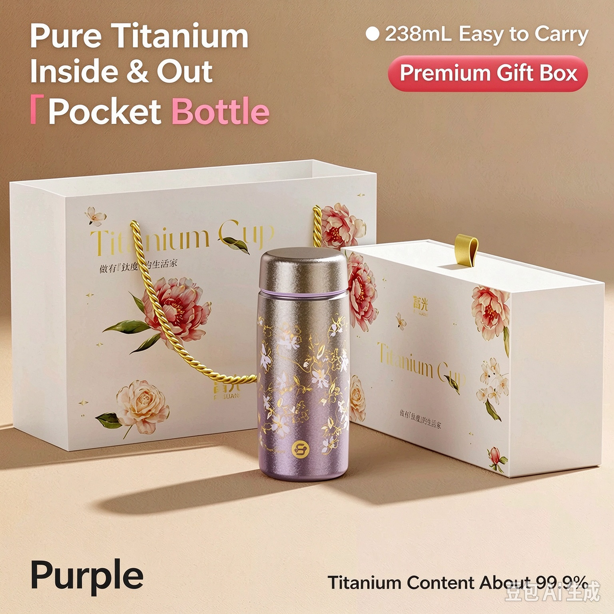 Purple 238ml Pure Titanium Pocket Bottle Premium Gift Box