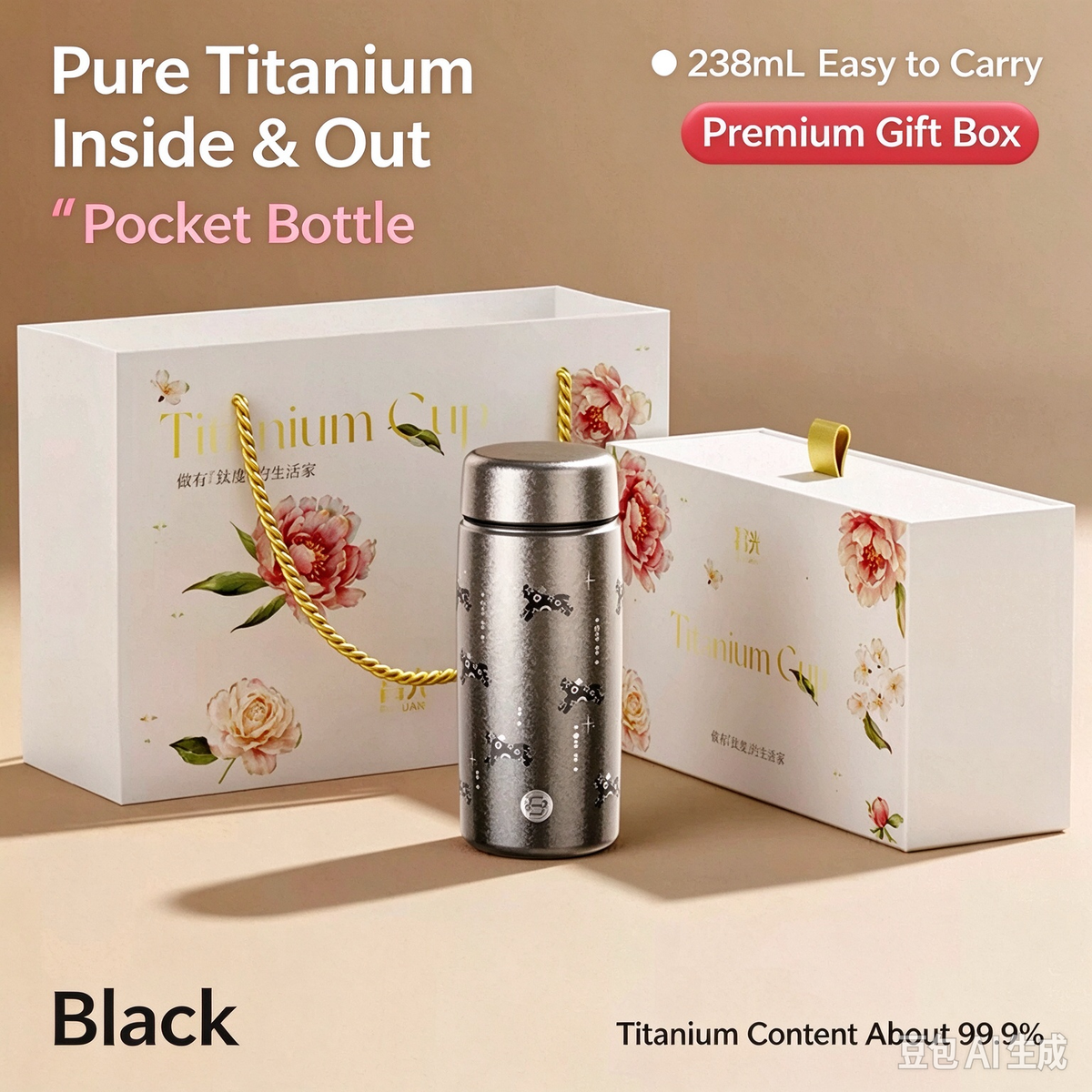 Black 238ml Pure Titanium Pocket Bottle Gift Set