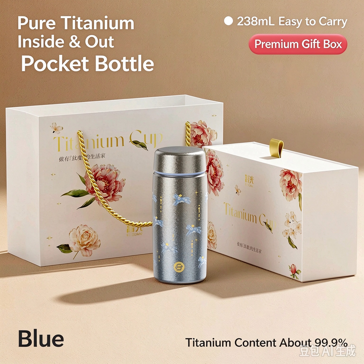 Blue 238ml Pure Titanium Pocket Bottle with Premium Gift Box