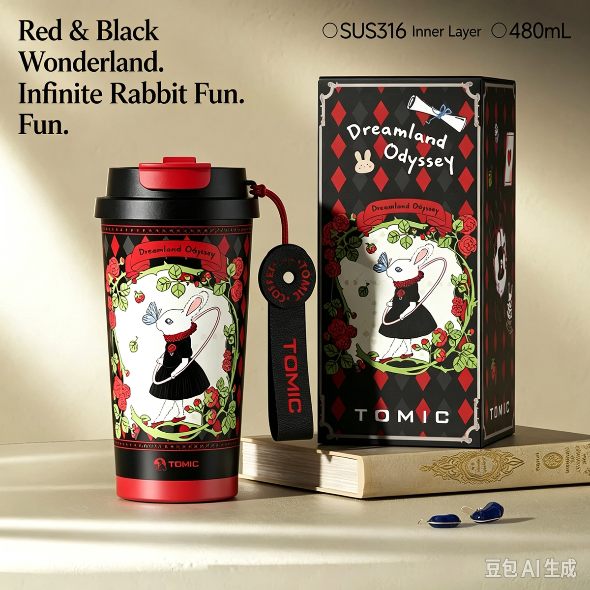 TOMIC Dreamland Odyssey Rabbit Tumbler, 480ml SUS316 Stainless Steel Insulated Coffee Cup, Fairy Tale Art Travel Mug