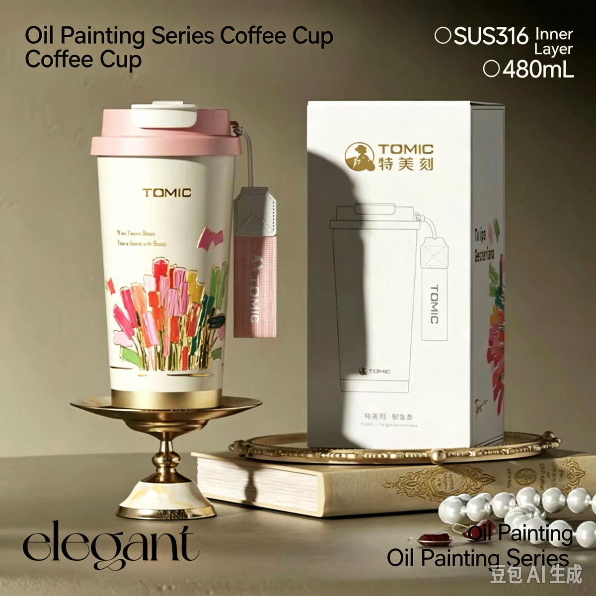 TOMIC Tulip Oil Painting Tumbler, 480ml SUS316 Stainless Steel Insulated Travel Coffee Mug, Elegant Floral Series