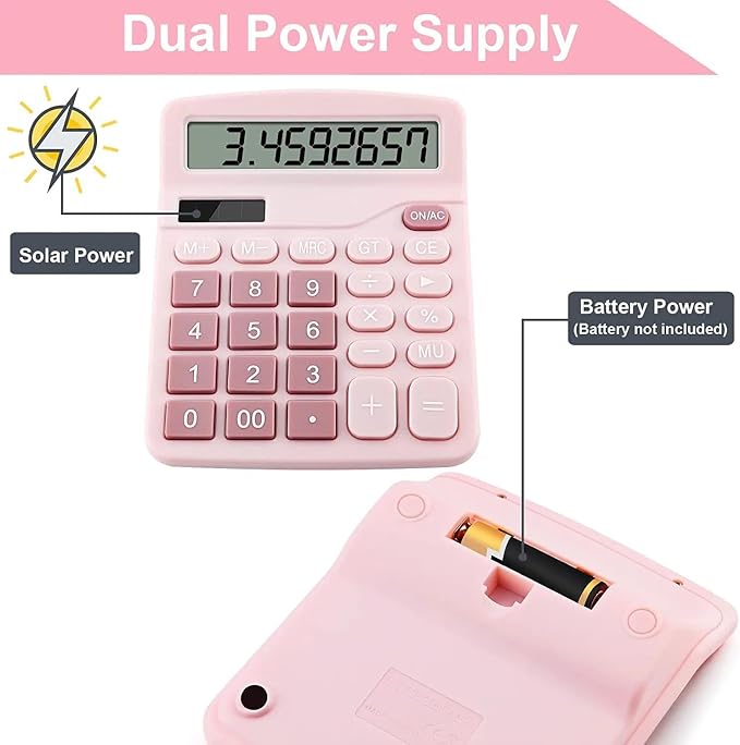 Office Desk Calculator, Cute Calculator for Kids, Basic Calculators Desktop, Dual Power Simple Financial Calculator with Big Button Large Display for Office Home and School (Pink)
