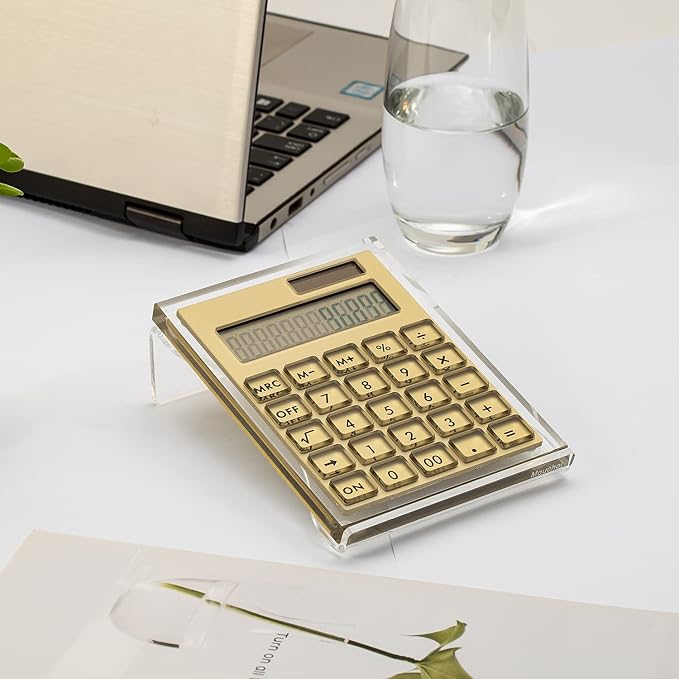 Gold Foil Stamping Solar Power Acrylic Slim Calculator with Large LCD Display and Stand, 12-Digit Handheld Desktop Calculator for Office, School, Business