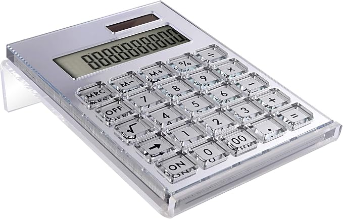 Acrylic Calculator with Stand, Battery and Solar Hybrid Powered Basic Calculator 12-Digit LCD Display,Home Office Desktop Accessories(Silver)