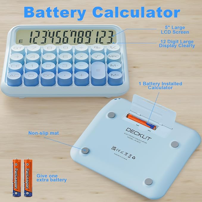 Mechanical Calculator 12 Digit Extra Large 5-Inch LCD Display, DECKLIT Battery Desk Calculator, Big Buttons Easy to Press Use as Office Calculators Desktop, 15°Tilt Screen for Kids Calculator(Cream)