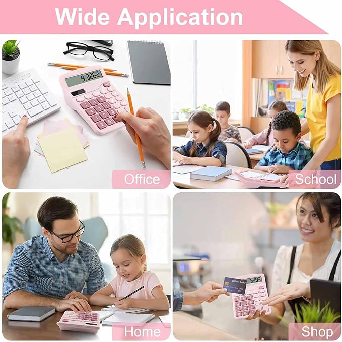 Office Desk Calculator, Cute Calculator for Kids, Basic Calculators Desktop, Dual Power Simple Financial Calculator with Big Button Large Display for Office Home and School (Pink)
